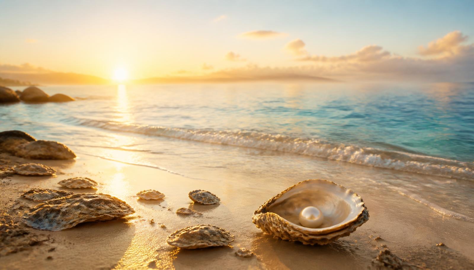 Turquoise ocean at sunrise with an open oyster and a pearl on the sand
