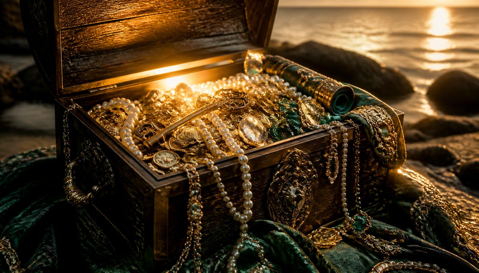 The open treasure chest full of pearls, gems, gold and a brass key