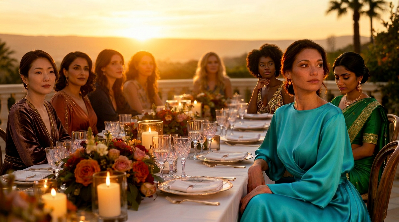 Women gathered around a candlelit dinner table at sunset
